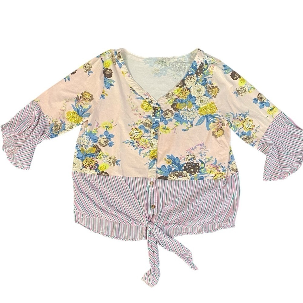 Umgee Pink Floral Stripe Mixed Print Ruffle Sleeve Button Down Tie Front Sz M